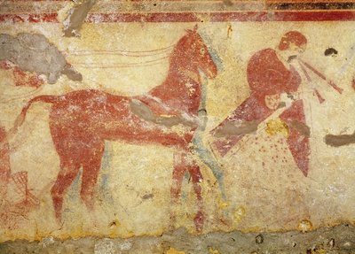 Two Horses and a Musician, from the Tomb of the Giustiniani, mid 5th century BC by Etruscan